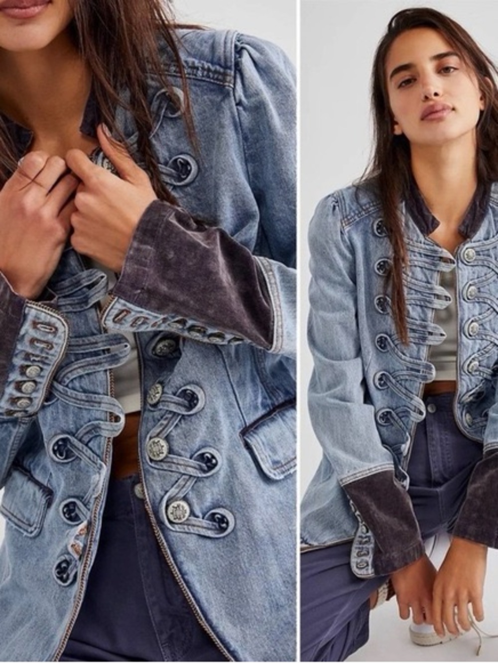 NWT BlueVelvet Blue Washed 2 Tone Denim Military-Style Jean Jacket size Large